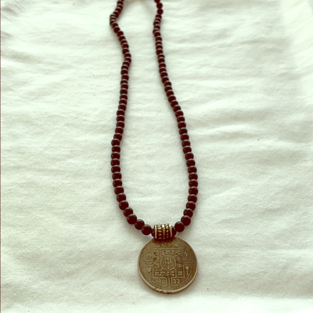 Black Bead Choker with Hieroglyphics Pendant